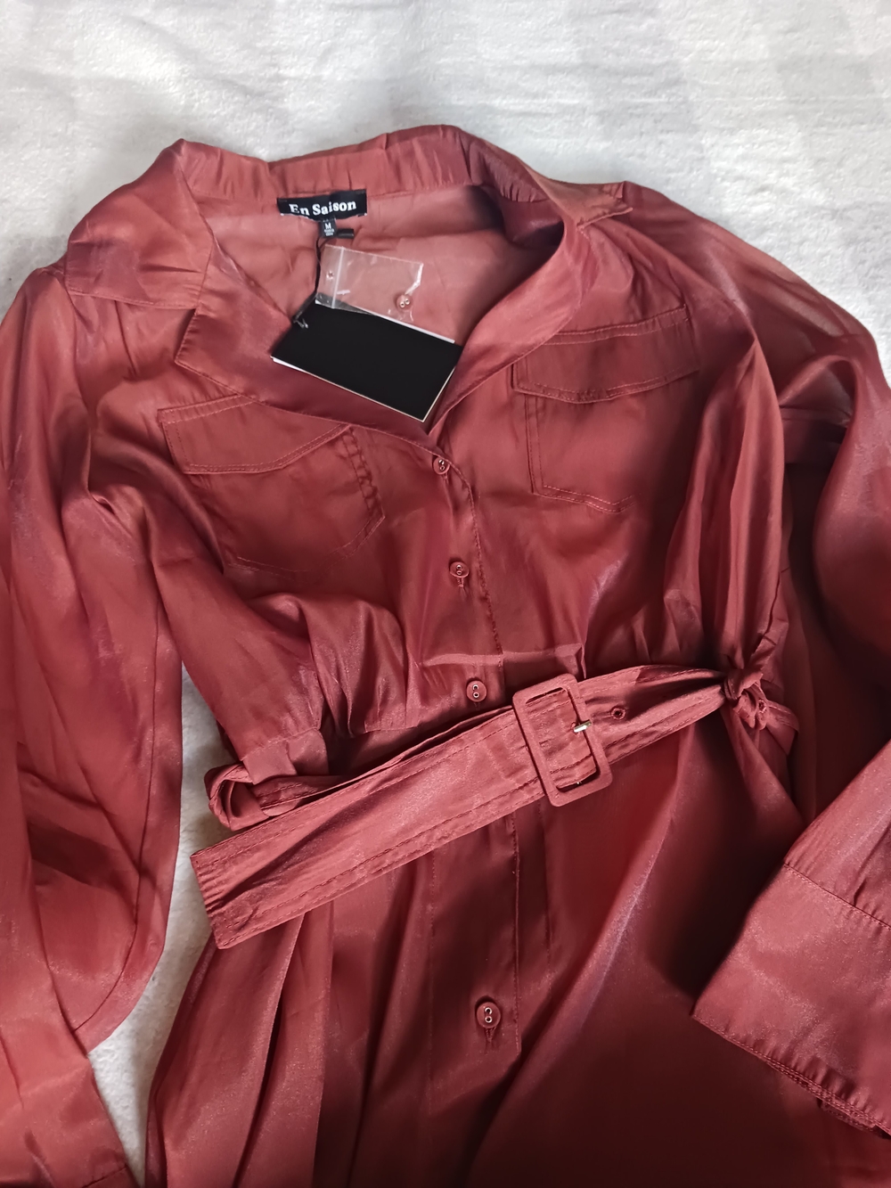 NWT En Saison Brown Long-Sleeve Belted Maxi Shirt Dress With Separate Slip - Picture 4 of 4